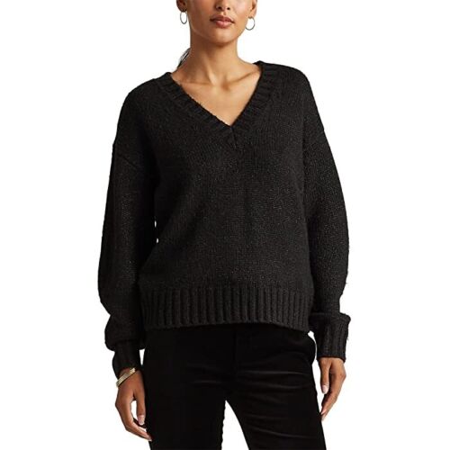 Lauren Ralph Lauren Glimmer V-Neck Sweater Color Polo Black Lurex Size M
