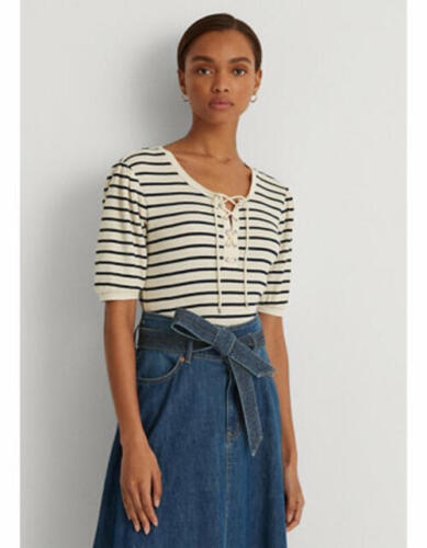 Lauren Ralph Lauren Striped Waffle-Knit Puff-Sleeve Top Color Natural Size S