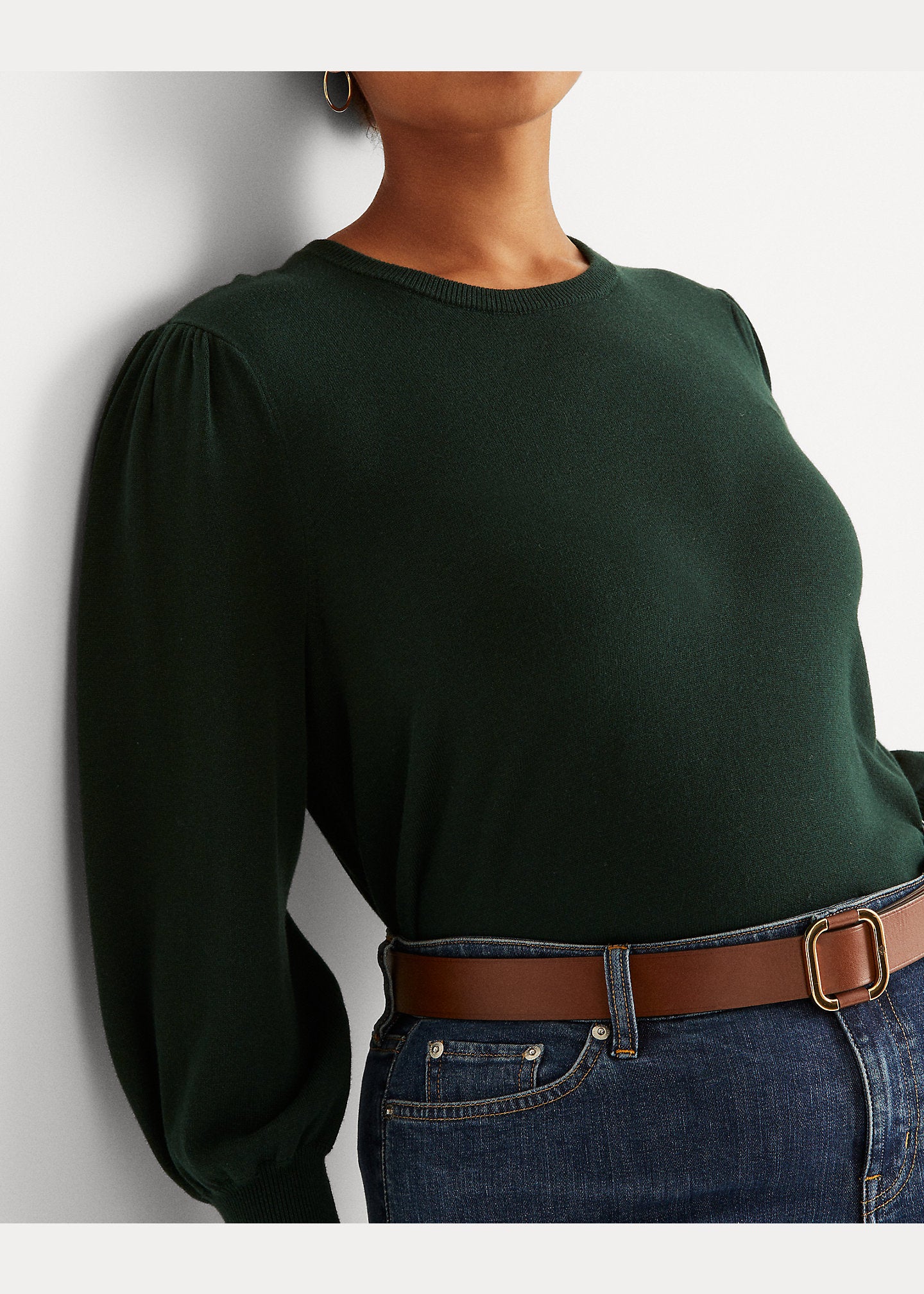 Lauren Ralph Lauren Puff-Sleeve Cotton-Blend Sweater Color Deep Pine Size L