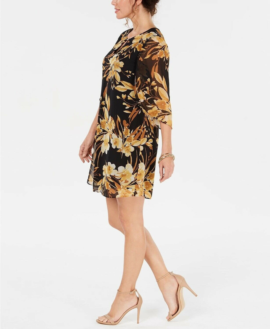 Connected Women's Petite Floral Chiffon Keyhole Dress Color Dark Yellow Size 8P