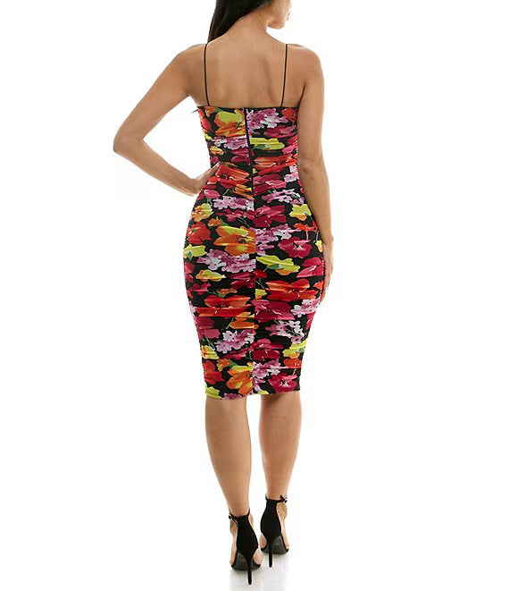 B Darlin Juniors Bungee-Strap Ruched Mesh Bodycon Dress  Color Black/Red/Yellow Size M