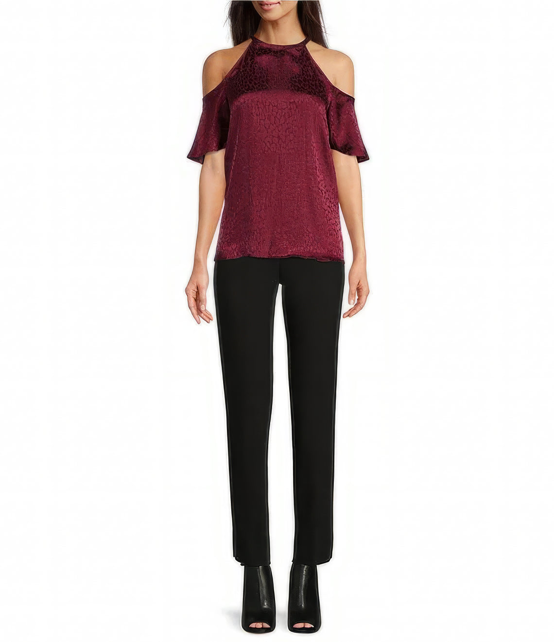 Michael Kors Cheetah Plisse Jacquard Chain Halter Neck Top  Color Dark Ruby Size M