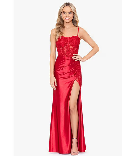 Blondie Nites Illusion Lace Corset Tie Back Front Slit Long Dress  Color Red Size 13