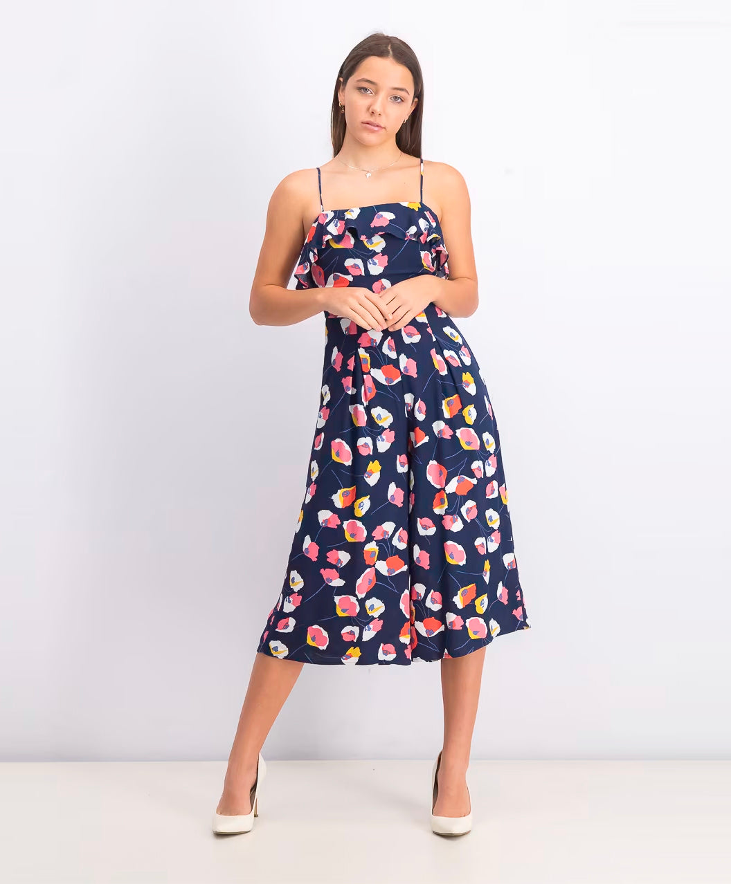 Trixxi Juniors Pleat Ruffle Wide Leg Cropped Jumpsuit  Color Blue Floral Size XL