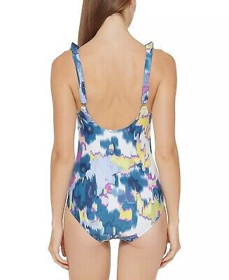 DKNY Ruffle Plunge Tummy-Control One-Piece Swimsuit  Color Floral Blue Multi Size 6