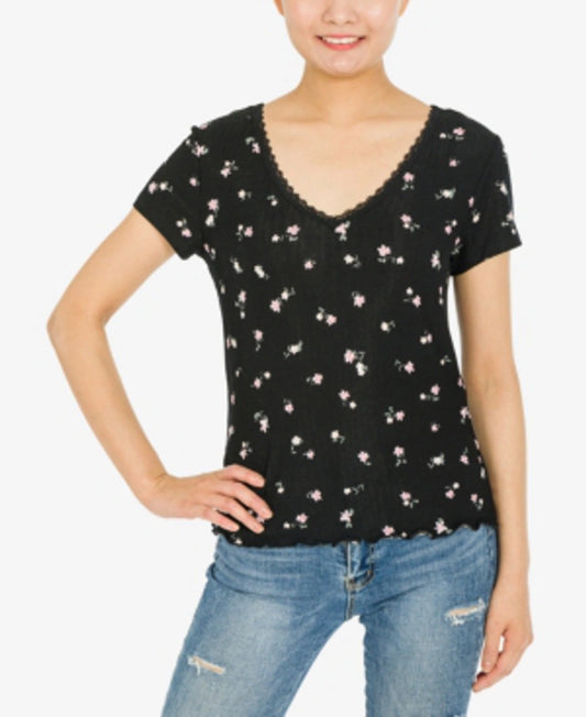 Hippie Rose Juniors' Printed Lace-Trim Ribbed T-Shirt  Color Black Floral Size S