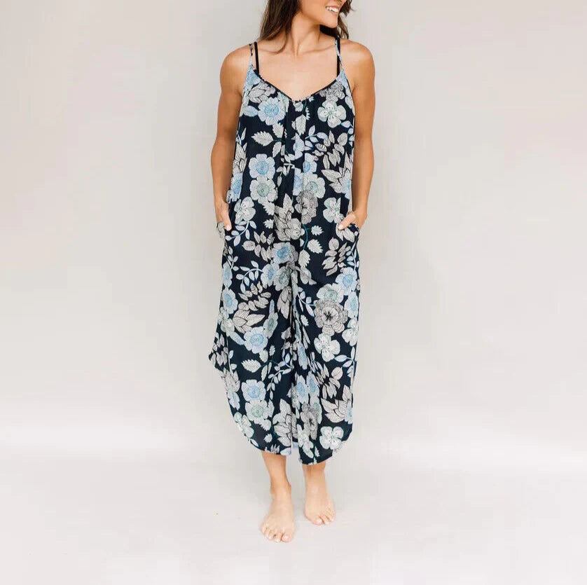 J Valdi Printed Flowy Cropped Jumpsuit Cover-Up  Color Navy Blue Floral Size XS