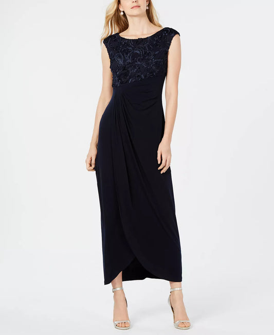 Connected Soutache Faux-Wrap Gown  Color Navy Size 16