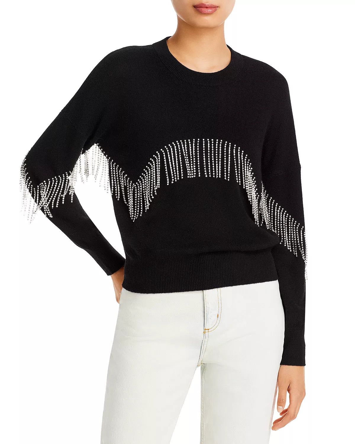 Aqua Women's Rhinestone Cashmere Fringe Sweater  Color Gray Size S