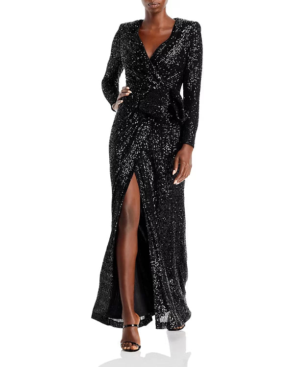 Eliza J Sequin Long Sleeve Wrap Gown  Color Black Size 4