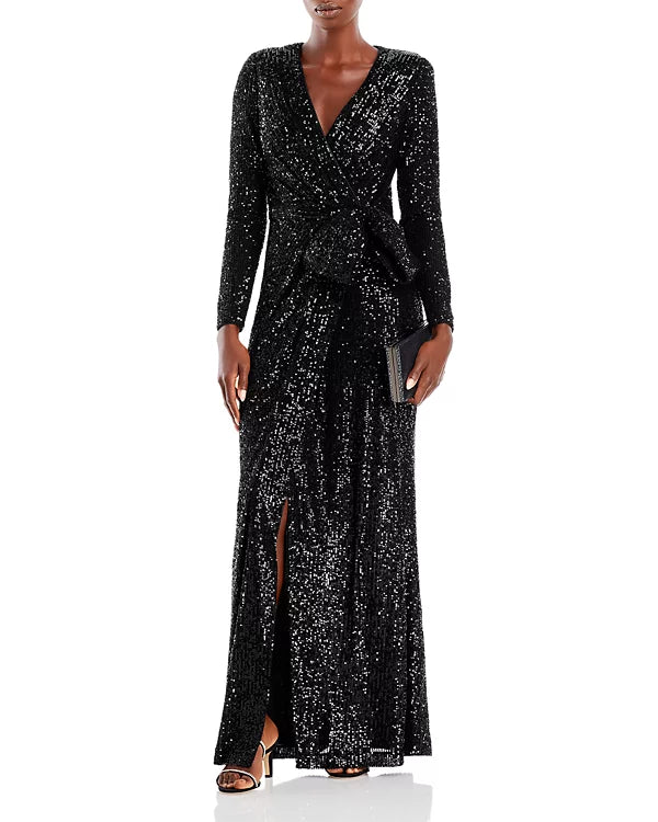 Eliza J Sequin Long Sleeve Wrap Gown  Color Black Size 4