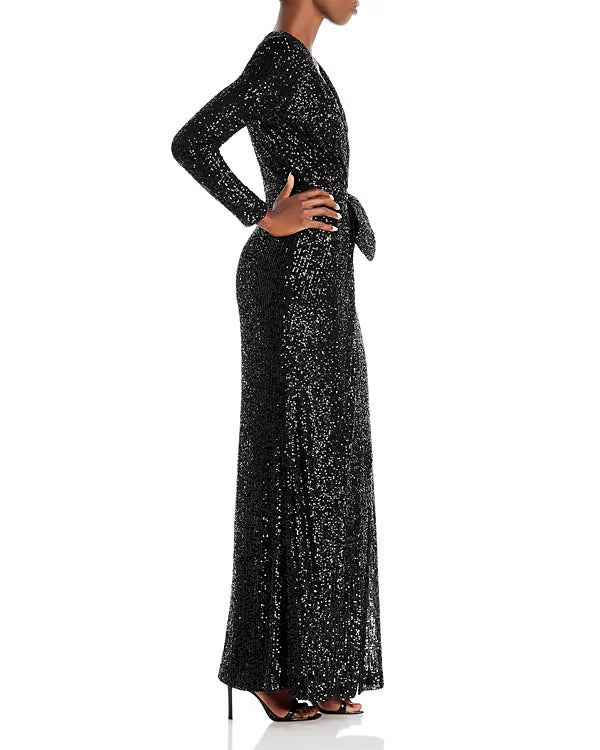 Eliza J Sequin Long Sleeve Wrap Gown  Color Black Size 4