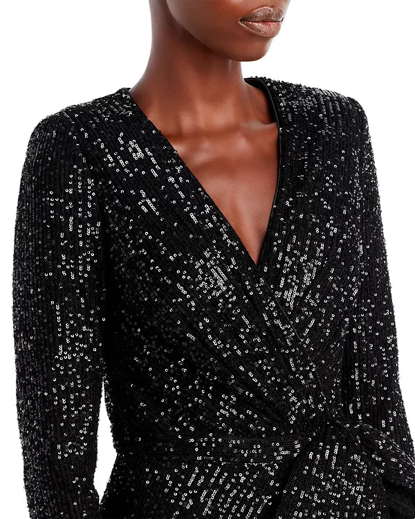 Eliza J Sequin Long Sleeve Wrap Gown  Color Black Size 4