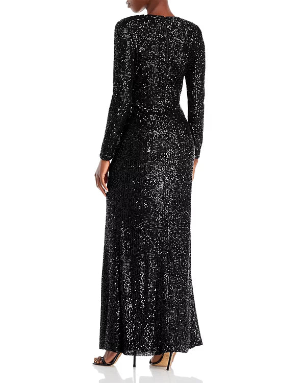 Eliza J Sequin Long Sleeve Wrap Gown  Color Black Size 4