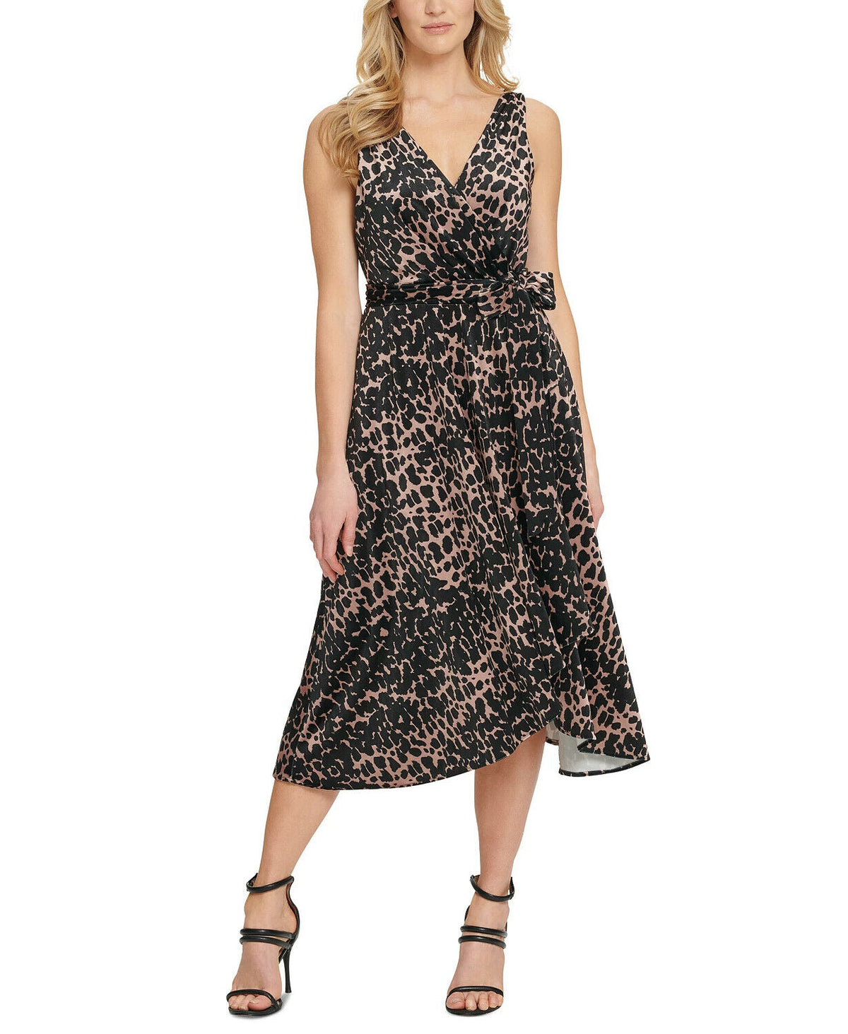 DKNY Belted Wrap-Style Dress  Color Natural Multi Size 12