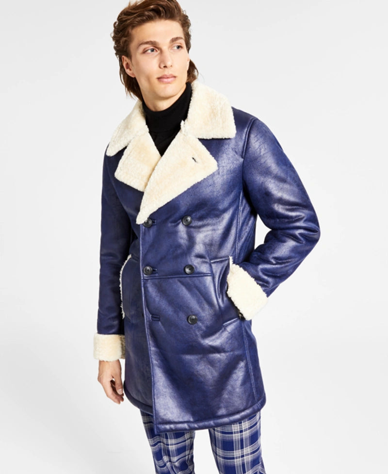 INC International Concepts Men's Vegan-Fur-Trim Vegan-Leather Coat  Color Navy Bud Size M