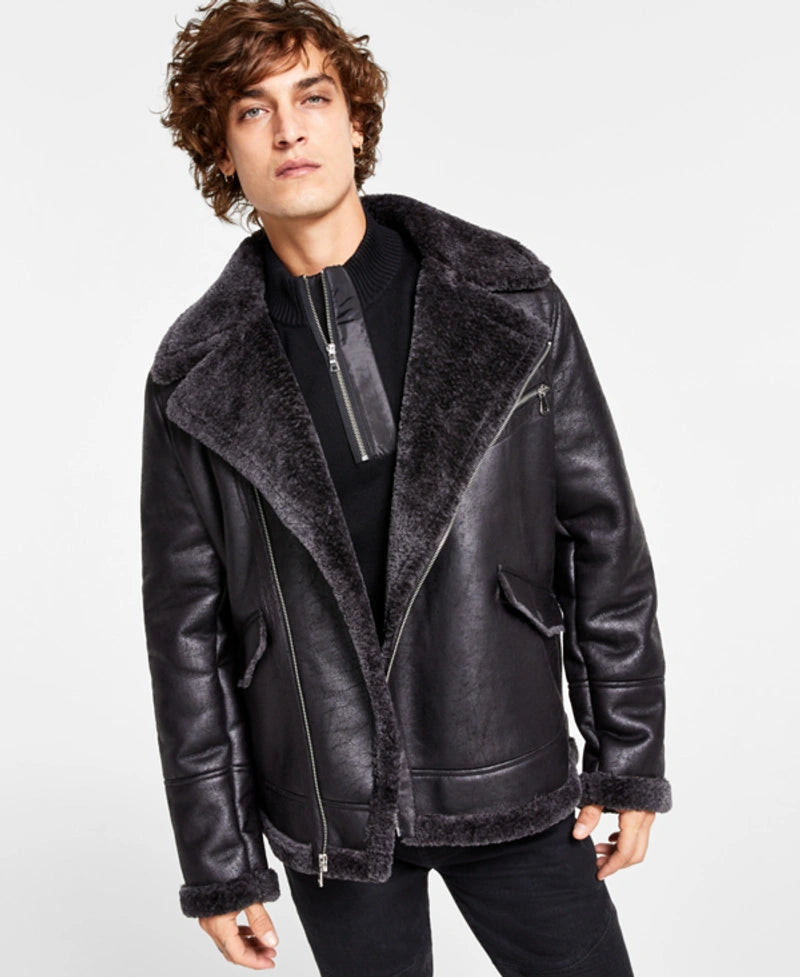 INC International Concepts Men's Regular-Fit Vegan-Shearling Jacket Color Deep Black Size S