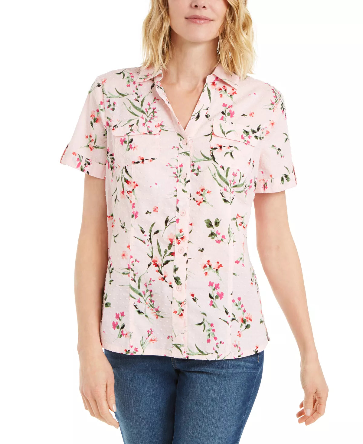 Karen Scott Women's Plus Size Print Cotton Shirt  Color Pink Floral Size 1X