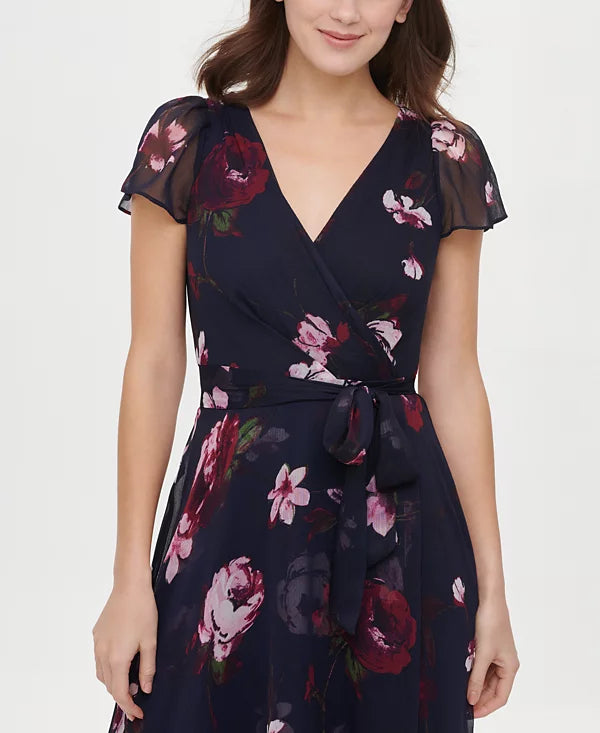 DKNY Floral-Print Faux-Wrap Dress  Color Navy Multi Size 10