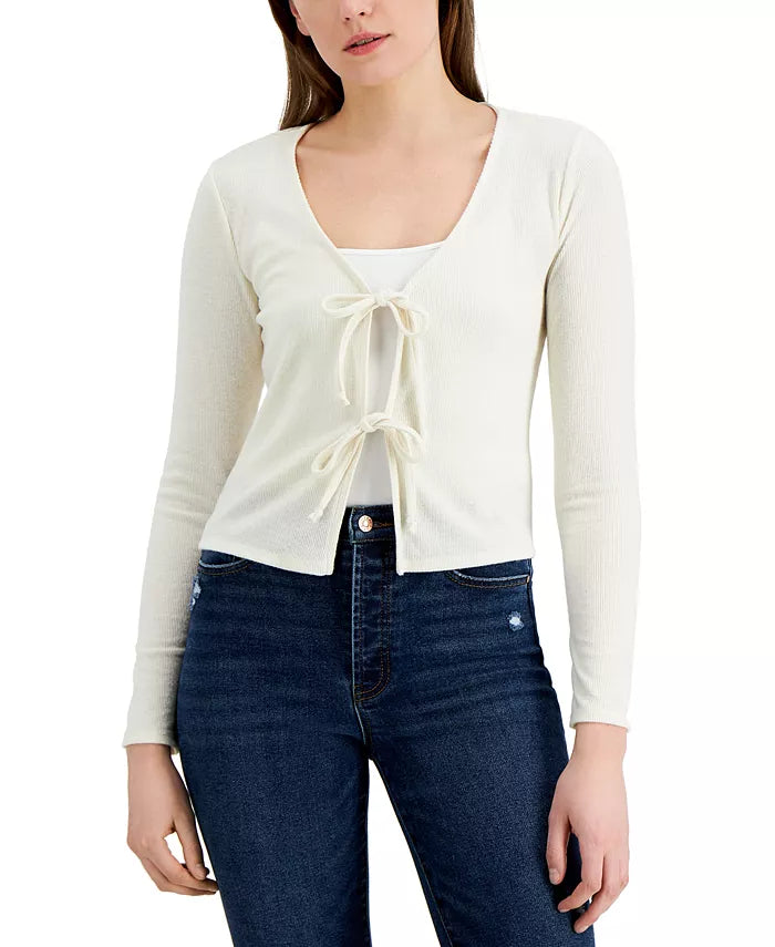 Self Esteem Juniors Knit Brushed-Rib Double-Tie Cardigan  Color Ivory Size M