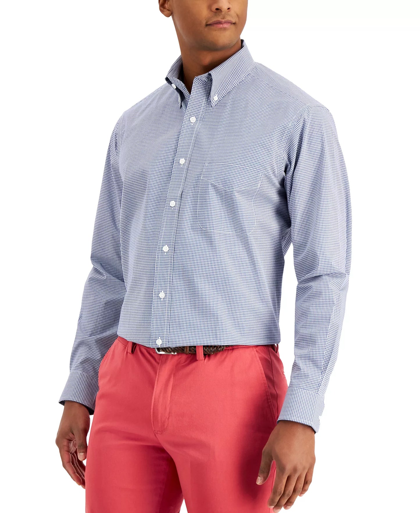 Club Room Men's Regular-Fit Mini Gingham Dress Shirt  Navy 17.5 32/33
