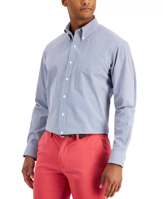 Club Room Men's Regular-Fit Mini Gingham Dress Shirt  Navy 17.5 32/33