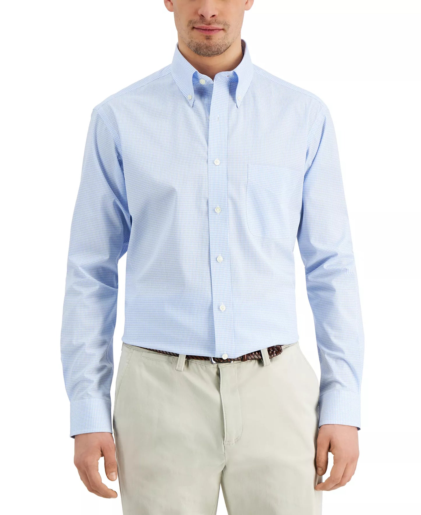 Club Room Men's Regular-Fit Mini Gingham Dress Shirt  Light Blue 17.5 34/35
