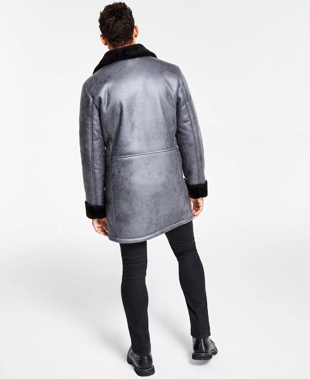 INC International Concepts Men's Vegan-Fur-Trim Vegan-Leather Coat  Color Navy Bud Size M
