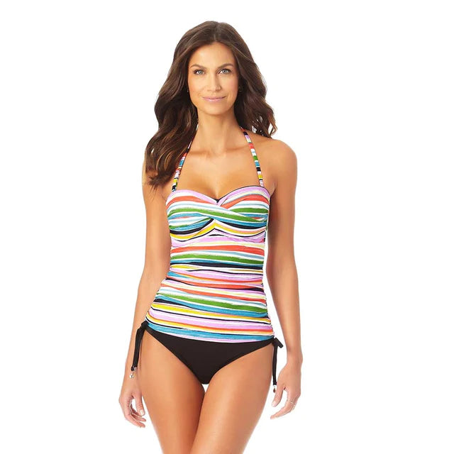 Anne Cole Painted-Striped Twist-Front Shirred Tankini Top  Color Painted Sky Multi Stripe Size XS