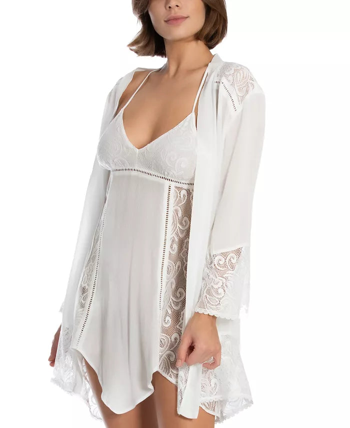Linea Donatella Flower Child Sheer Lace-Trim Kimono Robe Lingerie  Winter White Size S/M