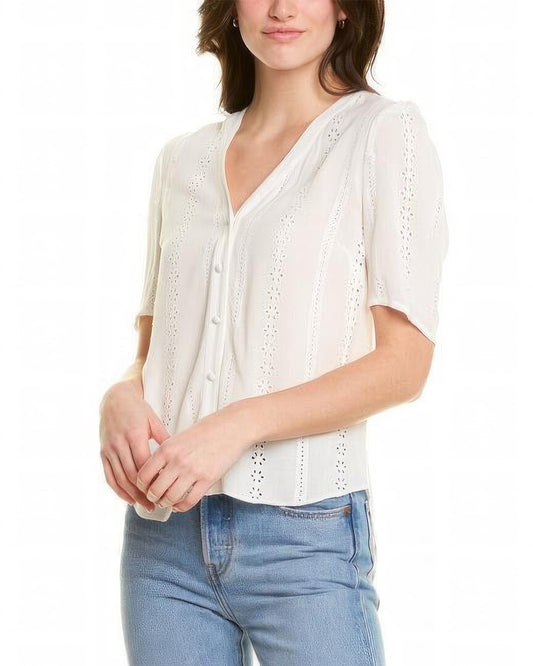1.STATE Women's Eyelet Crinkle Gauze Top Blouse Color White  Size S
