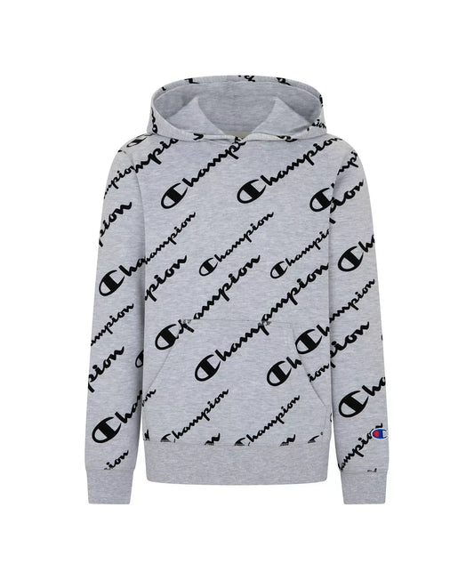 CHAMPION Boys All Over Print Solid Multi Script French Terry Hoodie  Color Oxford Heather/Black Size XL
