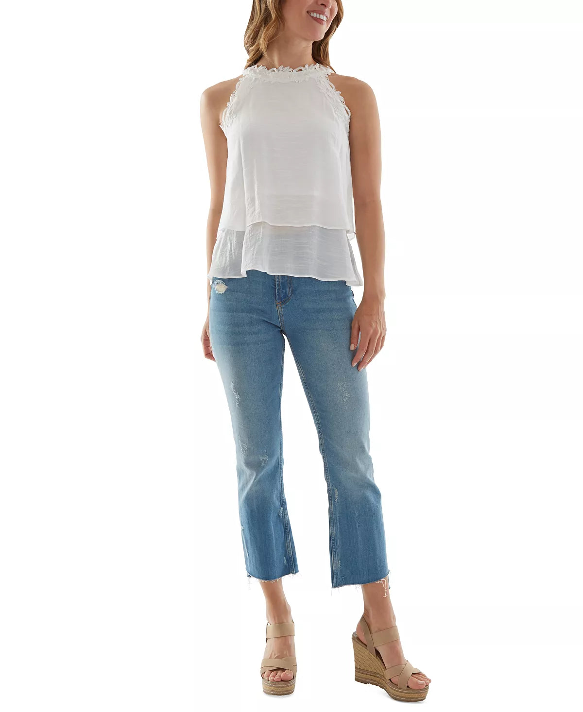 BCX Juniors' Crochet-Trim Layered-Hem Top  Color Off White Size L