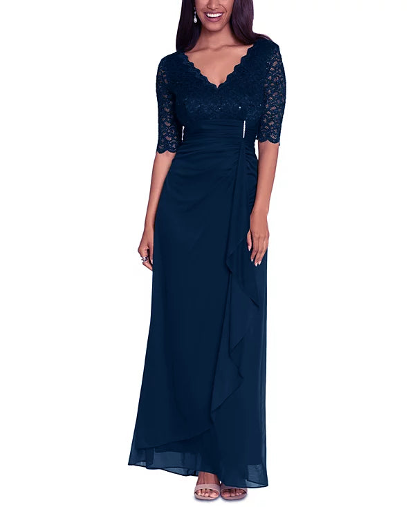 Betsy & Adam Lace-Top Waterfall-Detail Gown  Color Navy Blue Size 6