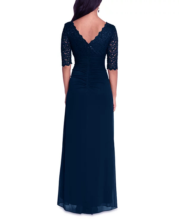 Betsy & Adam Lace-Top Waterfall-Detail Gown  Color Navy Blue Size 6