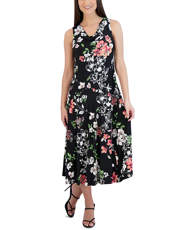 Robbie Bee Petite Floral-Print Cowlneck Midi Dress  Color Black Size PS