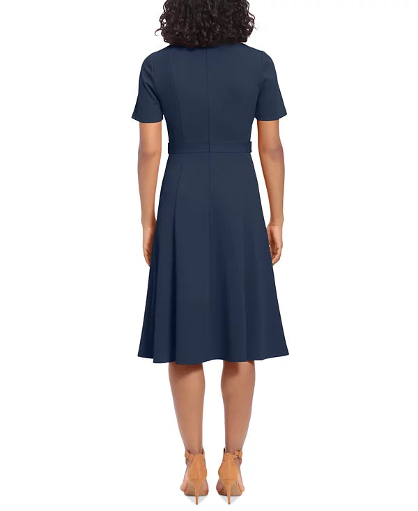 London Times Puff-Sleeve Tab-Detail Fit Flare Dress  Color Navy Blazer Size 10