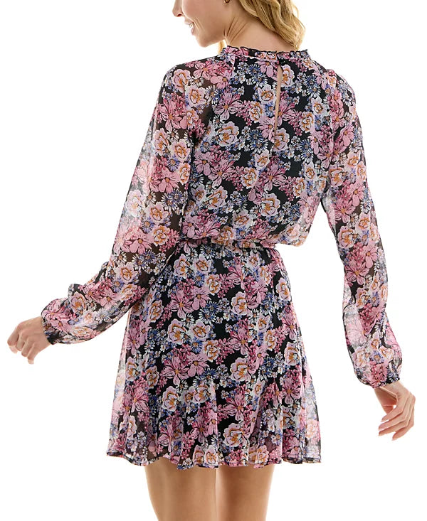 Trixxi Juniors Floral Chiffon Long-Sleeve Dress  Color Black/Pink Floral Size M