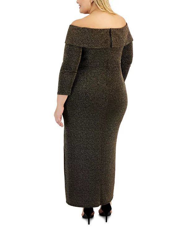 Alex Evenings Plus Size Off-The-Shoulder Side-Slit Glitter Dress  Color Black/Copper Size 16W