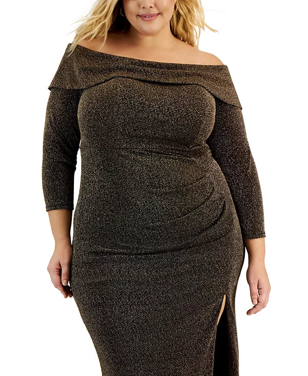 Alex Evenings Plus Size Off-The-Shoulder Side-Slit Glitter Dress  Color Black/Copper Size 16W