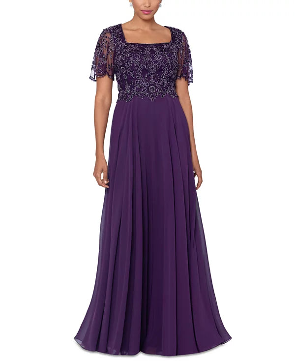 XSCAPE Women's Bead Embellished Short Sleeve Gown  Color Plum Size 14