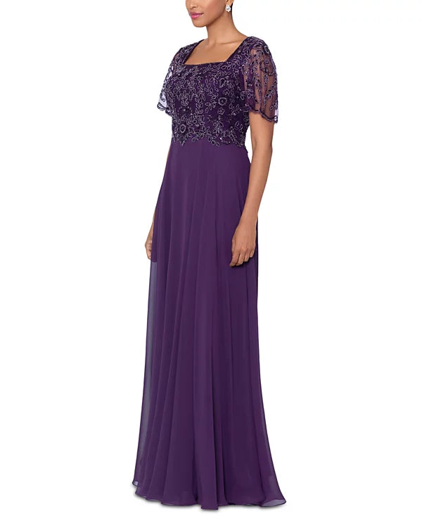 XSCAPE Women's Bead Embellished Short Sleeve Gown  Color Plum Size 14