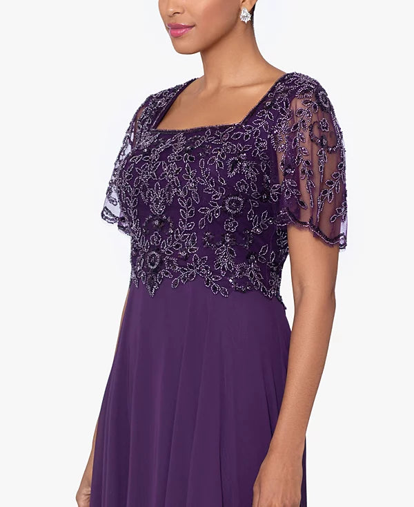 XSCAPE Women's Bead Embellished Short Sleeve Gown  Color Plum Size 14