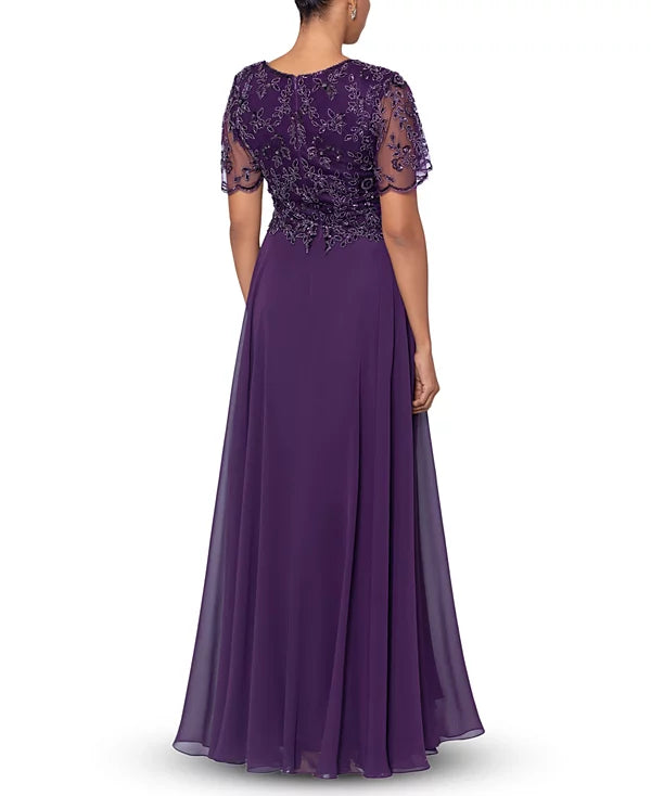 XSCAPE Women's Bead Embellished Short Sleeve Gown  Color Plum Size 14