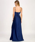 Emerald Sundae Juniors Mesh-Panel Side-Slit Gown  Color Navy Size XL