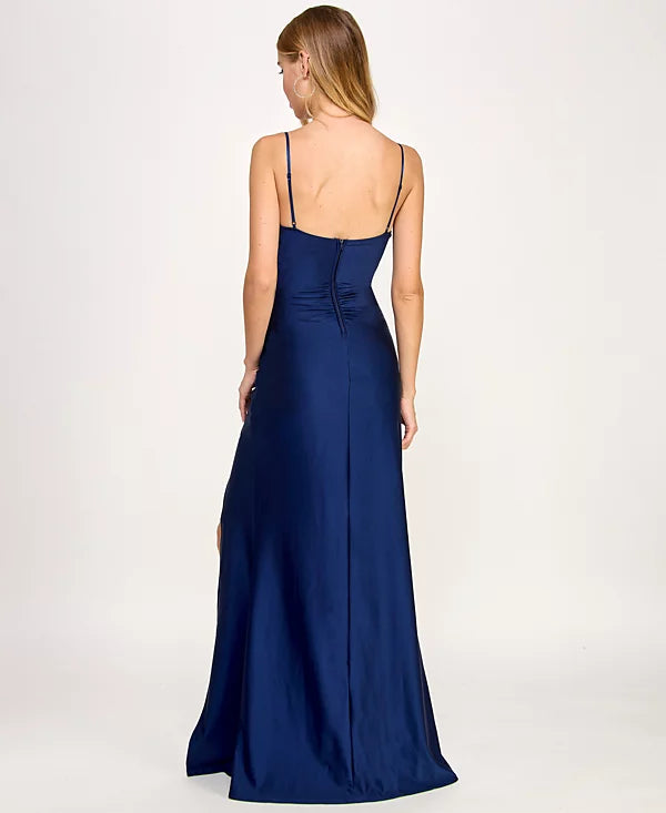 Emerald Sundae Juniors Mesh-Panel Side-Slit Gown  Color Navy Size XL