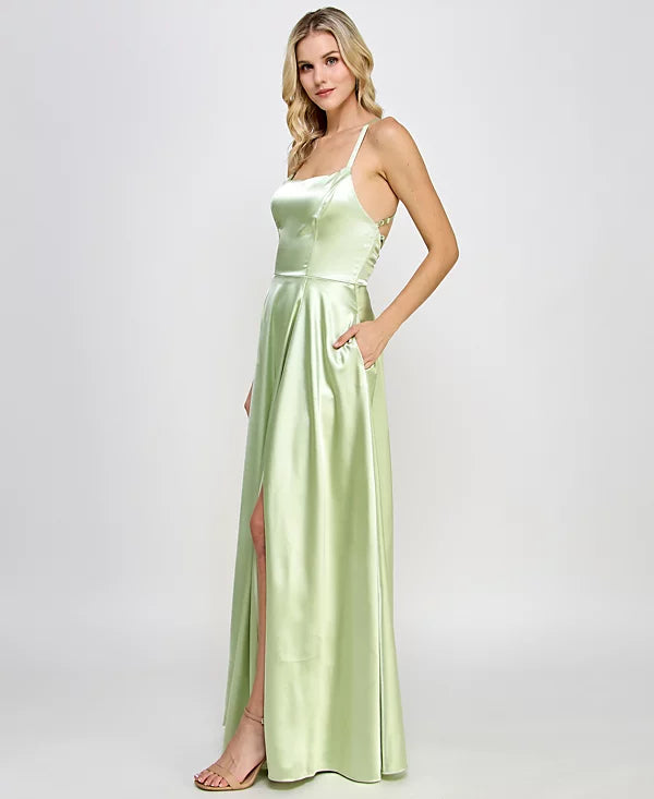 Speechless Juniors Satin Front-Slit Lace-Up Gown  Color Pistachio Size 3