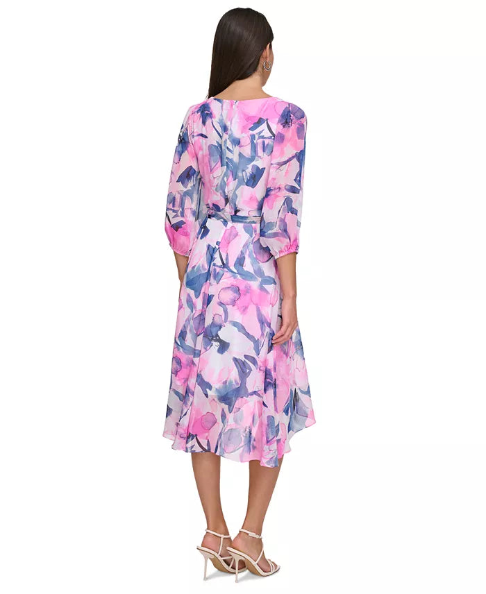 DKNY Women's Balloon-Sleeve Tie-Waist Dress  Power Pink Size 14