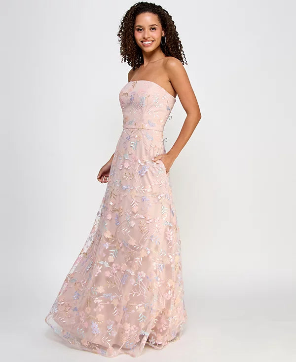 Morgan & Co Juniors Strapless All Over Embroidery Sequin Gown  Color Mauve/Nude Size 5