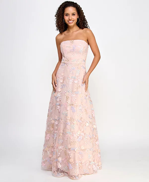 Morgan & Co Juniors Strapless All Over Embroidery Sequin Gown  Color Mauve/Nude Size 5